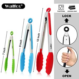 Walfos Silicone Tongs for Cooking - Heat Resistant kitchen tongs for Salad,Cooking, Grilling,Stainless Steel and BPA Free Silicone Tips set of 3 (7" 9" and 12 inch)