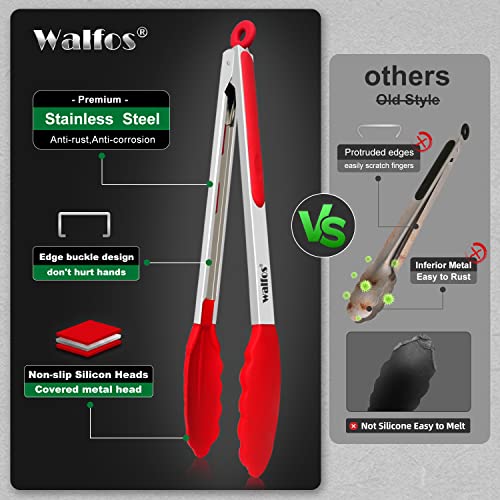 Walfos Silicone Tongs for Cooking - Heat Resistant kitchen tongs for Salad,Cooking, Grilling,Stainless Steel and BPA Free Silicone Tips set of 3 (7" 9" and 12 inch)