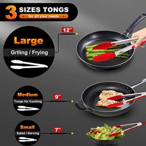 Walfos Silicone Tongs for Cooking - Heat Resistant kitchen tongs for Salad,Cooking, Grilling,Stainless Steel and BPA Free Silicone Tips set of 3 (7" 9" and 12 inch)