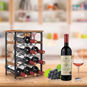 X-cosrack Rustic 12 Bottles Wine Holder Rack Tabletop Wine Racks Countertop Wine Bottles Organizer Stand Tabletop Liquor Storage Shelf Wood & Iron 12.60''L x 7.9''W x 17.8''H