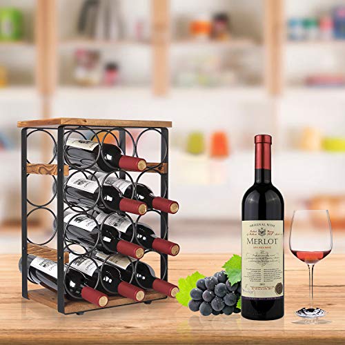 X-cosrack Rustic 12 Bottles Wine Holder Rack Tabletop Wine Racks Countertop Wine Bottles Organizer Stand Tabletop Liquor Storage Shelf Wood & Iron 12.60''L x 7.9''W x 17.8''H