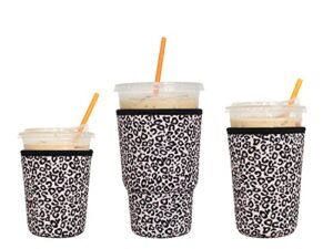 3 pack reusable iced coffee sleeves – xumbtvs insulator sleeve for cold beverages, neoprene cup holder for starbucks coffee, dunkin coffee, more(leopard print)