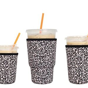 3 Pack Reusable Iced Coffee Sleeves - Xumbtvs Insulator Sleeve for Cold Beverages, Neoprene Cup Holder for Starbucks Coffee, Dunkin Coffee, More(Leopard print)