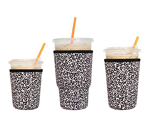 3 Pack Reusable Iced Coffee Sleeves - Xumbtvs Insulator Sleeve for Cold Beverages, Neoprene Cup Holder for Starbucks Coffee, Dunkin Coffee, More(Leopard print)