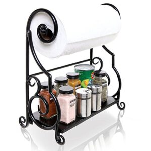 mygift black metal paper towel holder stand and condiment shelf rack with decorative scrollwork design
