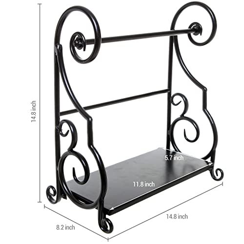 MyGift Black Metal Paper Towel Holder Stand and Condiment Shelf Rack with Decorative Scrollwork Design