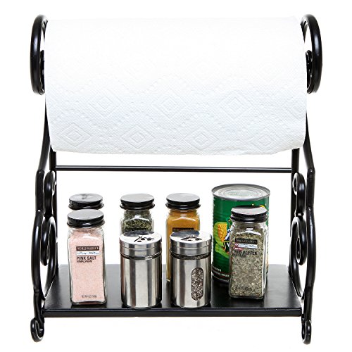 MyGift Black Metal Paper Towel Holder Stand and Condiment Shelf Rack with Decorative Scrollwork Design