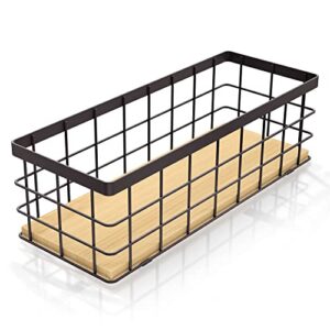 brown small metal wire storage basket, detachable wood base, cabinet organization and storage, for pantry, snack drawer, kitchen cabinets, bathroom