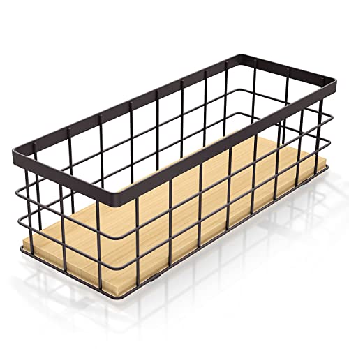 Brown Small Metal Wire Storage Basket, Detachable Wood Base, Cabinet Organization and Storage, for Pantry, Snack Drawer, Kitchen Cabinets, Bathroom