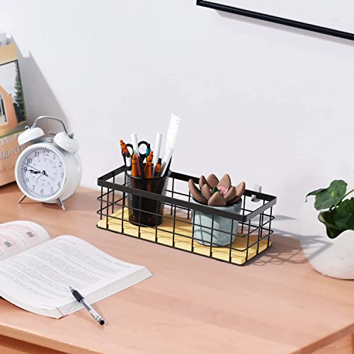 Brown Small Metal Wire Storage Basket, Detachable Wood Base, Cabinet Organization and Storage, for Pantry, Snack Drawer, Kitchen Cabinets, Bathroom