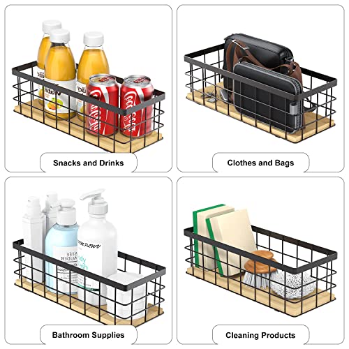 Brown Small Metal Wire Storage Basket, Detachable Wood Base, Cabinet Organization and Storage, for Pantry, Snack Drawer, Kitchen Cabinets, Bathroom