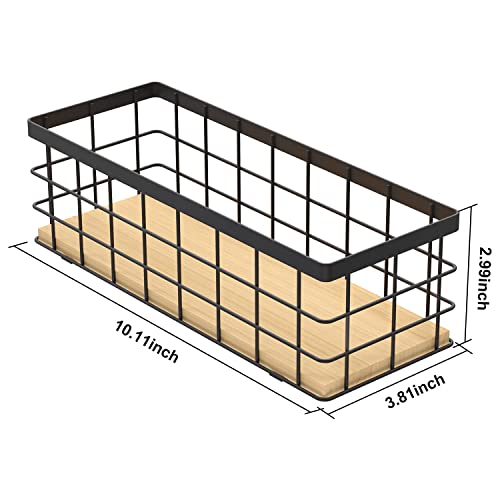 Brown Small Metal Wire Storage Basket, Detachable Wood Base, Cabinet Organization and Storage, for Pantry, Snack Drawer, Kitchen Cabinets, Bathroom