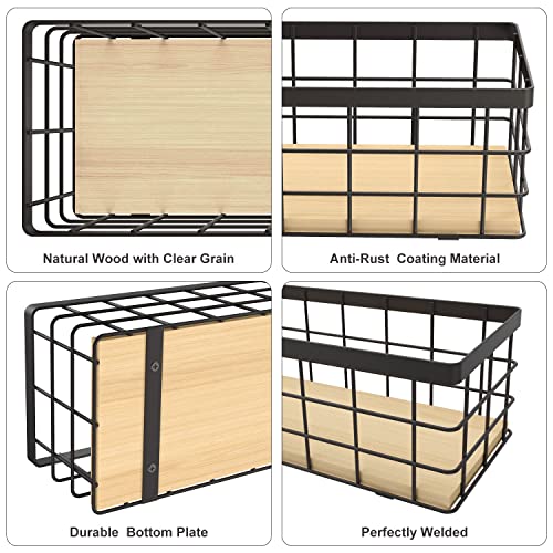 Brown Small Metal Wire Storage Basket, Detachable Wood Base, Cabinet Organization and Storage, for Pantry, Snack Drawer, Kitchen Cabinets, Bathroom