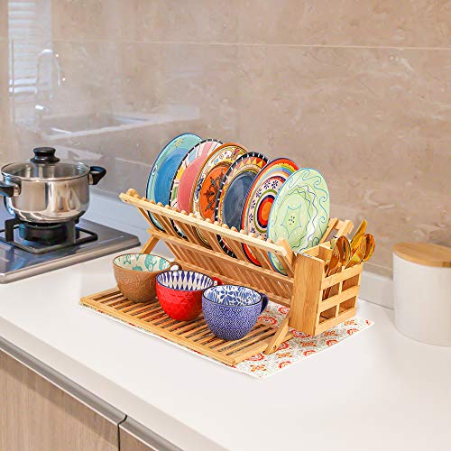 Bamboo Dish Rack, Dish Drying Rack Large, 3 Tier Bamboo Dish Holder, Collapsible Dish Drying Holder, Dish Drainer with Utensil Holder, Dish Organizer, Foldable, Large, Drying Mat included