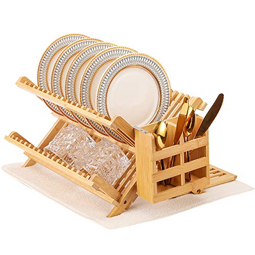 Bamboo Dish Rack, Dish Drying Rack Large, 3 Tier Bamboo Dish Holder, Collapsible Dish Drying Holder, Dish Drainer with Utensil Holder, Dish Organizer, Foldable, Large, Drying Mat included