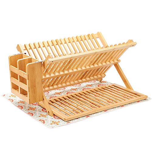 Bamboo Dish Rack, Dish Drying Rack Large, 3 Tier Bamboo Dish Holder, Collapsible Dish Drying Holder, Dish Drainer with Utensil Holder, Dish Organizer, Foldable, Large, Drying Mat included