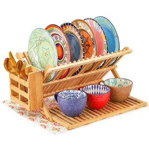 Bamboo Dish Rack, Dish Drying Rack Large, 3 Tier Bamboo Dish Holder, Collapsible Dish Drying Holder, Dish Drainer with Utensil Holder, Dish Organizer, Foldable, Large, Drying Mat included