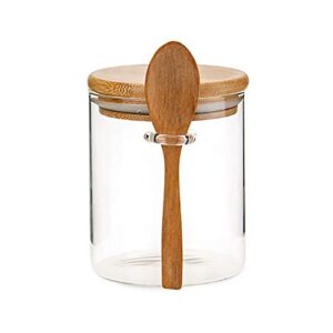 molfuj 15oz/450ml/1lb clear glass containers for pantry with wooden spoon, small air tight food storage canister with bamboo airtight lid, hermetic covered kitchen orgainzation storage jars with scoop