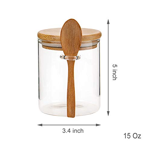 MOLFUJ 15Oz/450ML/1Lb Clear Glass Containers for Pantry with Wooden Spoon, Small Air Tight Food Storage Canister with Bamboo Airtight Lid, Hermetic Covered Kitchen Orgainzation Storage Jars with Scoop