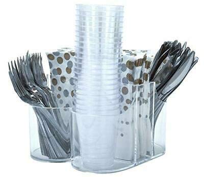 5 Compartment Classic Acrylic Napkin Holder with Cutlery Organizer Caddy Bin, For Spoons, Forks, Knives & Cups Divided Storage!