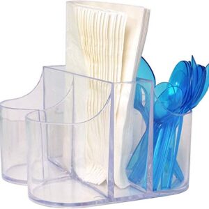 5 Compartment Classic Acrylic Napkin Holder with Cutlery Organizer Caddy Bin, For Spoons, Forks, Knives & Cups Divided Storage!