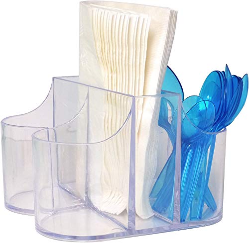 5 Compartment Classic Acrylic Napkin Holder with Cutlery Organizer Caddy Bin, For Spoons, Forks, Knives & Cups Divided Storage!