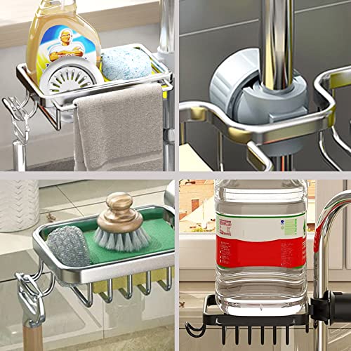 SIMCAS Sponge Holder, 2023 Upgraded NeverRust Sponge Holder for Kitchen Sink Caddy Organizer, Brush, Dishcloth, Over the Sink Faucet Sponge Holder Drain Rack for Kitchen & RV Accessory, Hooks, Silver
