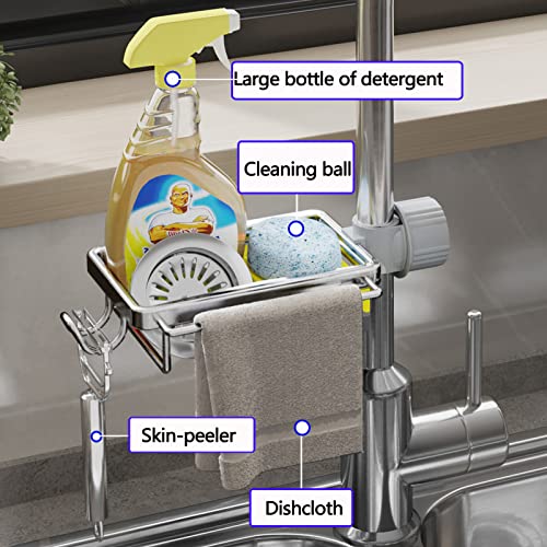 SIMCAS Sponge Holder, 2023 Upgraded NeverRust Sponge Holder for Kitchen Sink Caddy Organizer, Brush, Dishcloth, Over the Sink Faucet Sponge Holder Drain Rack for Kitchen & RV Accessory, Hooks, Silver