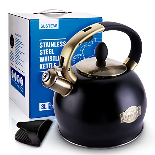 SUSTEAS Stove Top Whistling Tea Kettle-Surgical Stainless Steel Teakettle Teapot with Cool Touch Ergonomic Handle,1 Free Silicone Pinch Mitt Included,2.64 Quart(BLACK)