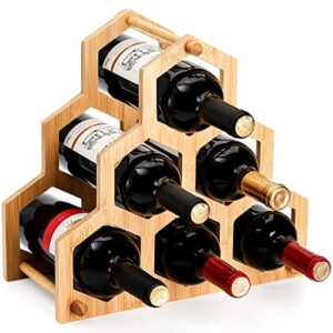 zenfun 3 tier 6 bottles wooden wine rack, countertop free standing wine storage holder, small decorative wine rack inserts for cabinet, shelves, bars, restaurant, 13” l x 12” h, easy to install