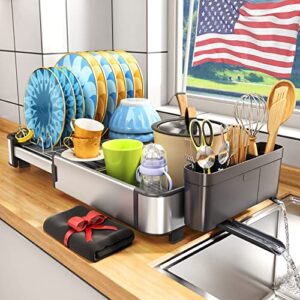 dish drying rack, aluminium rustproof expandable (14.9”-22.3”) kitchen counter dish rack with drainboard, dish drainer with drying mat utensil holder sink caddy, silver grey