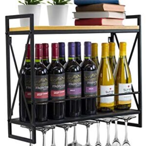 Sorbus Wine Bottle Stemware Glass Rack, Industrial 2-Tier Wood Shelf, Wall Mounted Wine Racks with 5 Stem Glass Holders for Wine Glasses, Flutes, Mugs, Home Décor, Metal