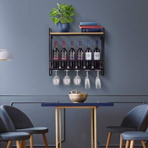 Sorbus Wine Bottle Stemware Glass Rack, Industrial 2-Tier Wood Shelf, Wall Mounted Wine Racks with 5 Stem Glass Holders for Wine Glasses, Flutes, Mugs, Home Décor, Metal