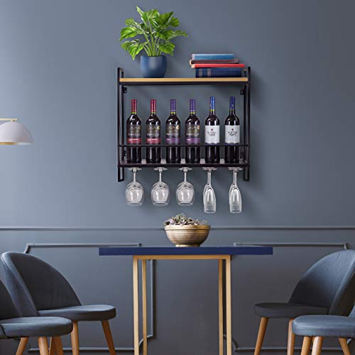 Sorbus Wine Bottle Stemware Glass Rack, Industrial 2-Tier Wood Shelf, Wall Mounted Wine Racks with 5 Stem Glass Holders for Wine Glasses, Flutes, Mugs, Home Décor, Metal