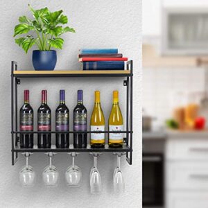 Sorbus Wine Bottle Stemware Glass Rack, Industrial 2-Tier Wood Shelf, Wall Mounted Wine Racks with 5 Stem Glass Holders for Wine Glasses, Flutes, Mugs, Home Décor, Metal