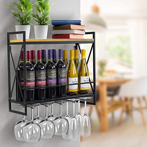 Sorbus Wine Bottle Stemware Glass Rack, Industrial 2-Tier Wood Shelf, Wall Mounted Wine Racks with 5 Stem Glass Holders for Wine Glasses, Flutes, Mugs, Home Décor, Metal