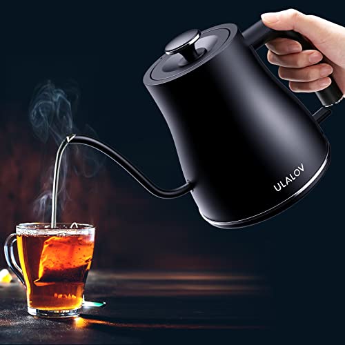 Ulalov Electric Gooseneck Kettle Ultra Fast Boiling Hot Water Kettle 100% Stainless Steel for Pour-over Coffee & Tea, Leak-Proof Design, Auto Shutoff Anti-dry Protection, 1200W-0.8L, Matte Black