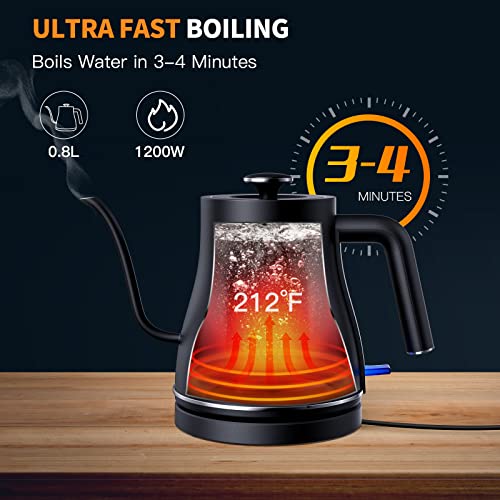 Ulalov Electric Gooseneck Kettle Ultra Fast Boiling Hot Water Kettle 100% Stainless Steel for Pour-over Coffee & Tea, Leak-Proof Design, Auto Shutoff Anti-dry Protection, 1200W-0.8L, Matte Black