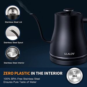 Ulalov Electric Gooseneck Kettle Ultra Fast Boiling Hot Water Kettle 100% Stainless Steel for Pour-over Coffee & Tea, Leak-Proof Design, Auto Shutoff Anti-dry Protection, 1200W-0.8L, Matte Black