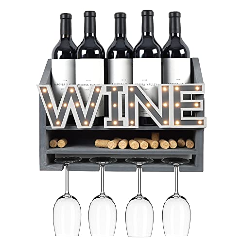 Shikha LED Wooden Wall Mounted Wine Rack and Glass Holder –Rustic Wine Bottle & Glass Holder & Wine Cork Storage Modern Home Decor 5 Bottle and 4 Glass Holder