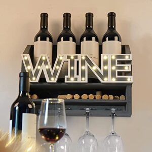 Shikha LED Wooden Wall Mounted Wine Rack and Glass Holder –Rustic Wine Bottle & Glass Holder & Wine Cork Storage Modern Home Decor 5 Bottle and 4 Glass Holder