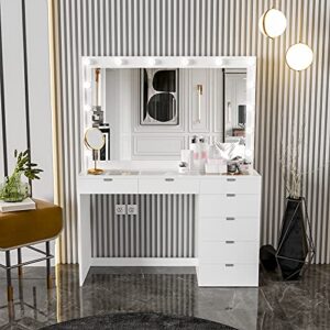 boahaus serena modern makeup vanity with hollywood light bulbs add-on, 7 drawers, wide mirror, glam glass top for bedroom