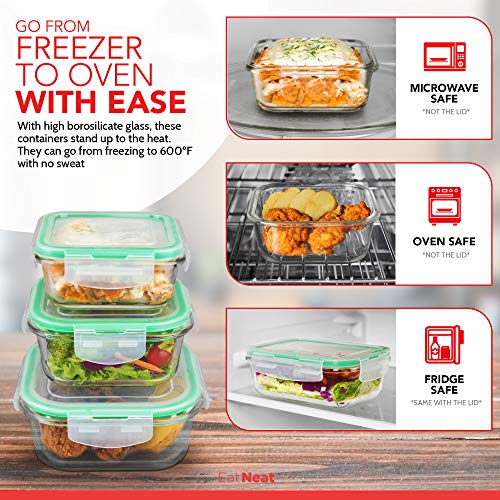 EATNEAT 5-Pack of Glass Food Storage Containers with Airtight Snap Locking Lids to Keep Food Fresh - Oven to Table to Freezer | BPA-FREE