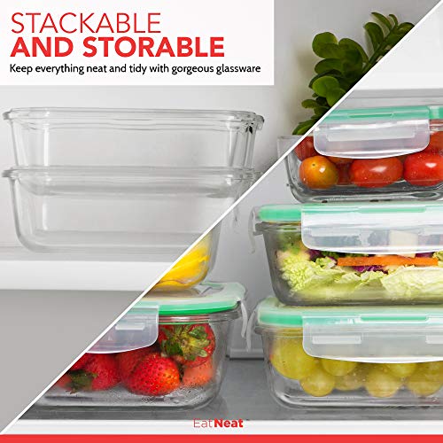 EATNEAT 5-Pack of Glass Food Storage Containers with Airtight Snap Locking Lids to Keep Food Fresh - Oven to Table to Freezer | BPA-FREE