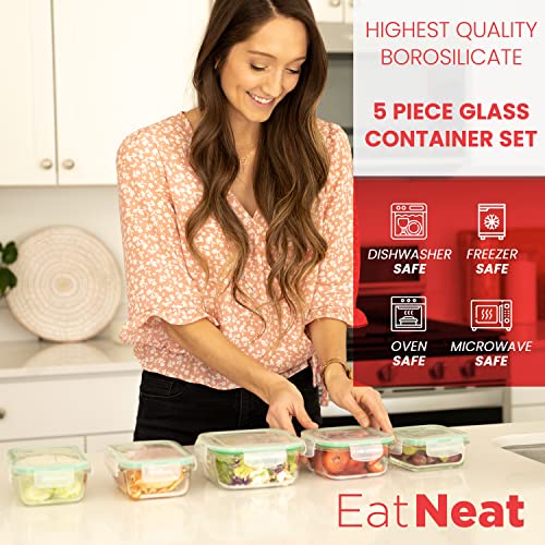 EATNEAT 5-Pack of Glass Food Storage Containers with Airtight Snap Locking Lids to Keep Food Fresh - Oven to Table to Freezer | BPA-FREE