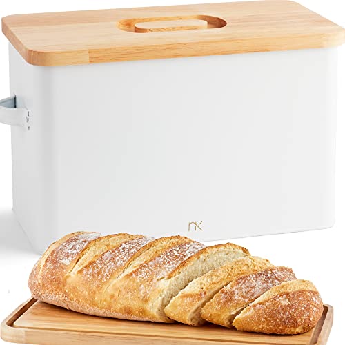 Extra Large Bread Box White - Modern Farmhouse Bread Box with Cutting Board Lid, Metal Bread Boxes for Kitchen Counter, Big Bread Box Holds 2+ Loaves, Air Vents to Keep Bread Fresh, Bread Holder