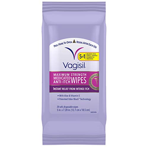 Vagisil Anti-Itch Medicated Feminine Vaginal Wipes, Maximum Strength, 20 Wipes (Pack of 1, Packaging may vary)