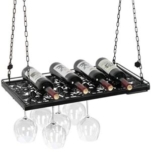 mygift black metal hanging wine glass holder rack ceiling mounted with display shelf and vineyard cutout