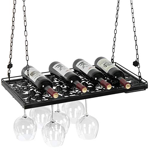 MyGift Black Metal Hanging Wine Glass Holder Rack Ceiling Mounted with Display Shelf and Vineyard Cutout