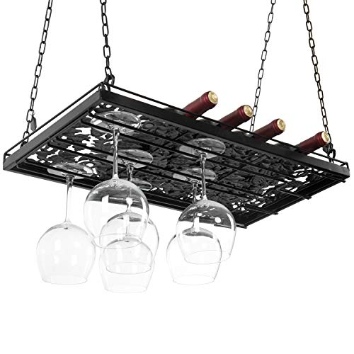 MyGift Black Metal Hanging Wine Glass Holder Rack Ceiling Mounted with Display Shelf and Vineyard Cutout